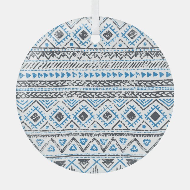 Adorno De Cristal Fondo étnico azul, blanco sin costura. (Anverso)