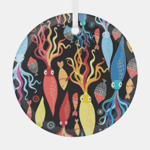 Adorno De Cristal Fondo negro de peces de calamar multicolor