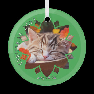 Adorno De Cristal Foto de gato personalizada enmarcada en flor sobre
