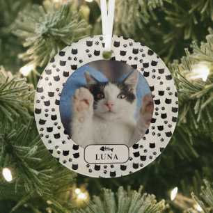 Adorno De Cristal Foto de mascota personalizada de gato y huella de 