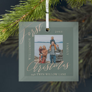 Adorno De Cristal Foto de Navidad con Caligrafía en Rosa Dorado para