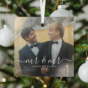 Adorno De Cristal Foto de recién casados Mr & Mr guión de Navidad