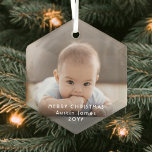 Adorno De Cristal Foto Minimalista moderna superposición de texto bl<br><div class="desc">Celebra las simples alegrías de las vacaciones con un adorno de vidrio en forma de hexágono de foto personalizado. La imagen y todo el texto de esta plantilla son fáciles de personalizar para incluir cualquier texto, como Feliz Navidad, Mis Primeras Navidad, Mejores Amigos, niños y nombres de familia, etc. (IMAGE...</div>