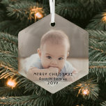Adorno De Cristal Foto Minimalista moderna superposición de texto ne<br><div class="desc">Celebra las simples alegrías de las vacaciones con un adorno de vidrio en forma de hexágono de foto personalizado. La imagen y todo el texto de esta plantilla son fáciles de personalizar para incluir cualquier texto, como Feliz Navidad, Mis Primeras Navidad, Mejores Amigos, niños y nombres de familia, etc. (IMAGE...</div>