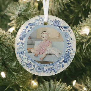 Adorno De Cristal Foto personalizada de la guirnalda blanca azul en