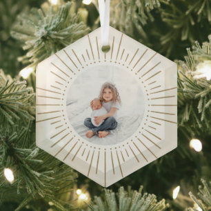 Adorno De Cristal Foto personalizada de Sunburst Blanco y oro