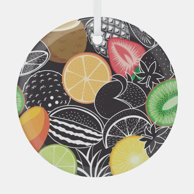 Adorno De Cristal Frutas tropicales coloridas, fondo negro. (Anverso)