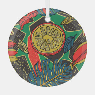 Adorno De Cristal Frutas tropicales, hojas, doodle floral patrón.