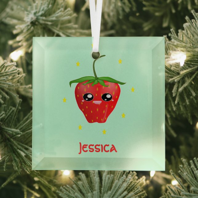 Adorno De Cristal Fruto de fresa monograma kawaii en turquesa (in situ)