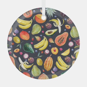 Adorno De Cristal Frutos Tropicales: Patrón multifruta acuarela.