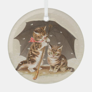 Adorno De Cristal Gatitos antiguos bajo paraguas arte de gato antigu