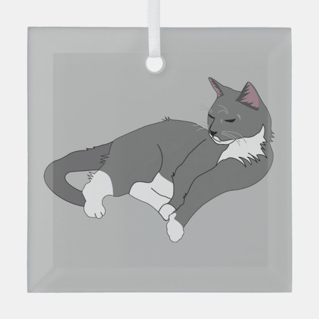 Adorno De Cristal Gato de Tuxedo Gris y Blanco (Anverso)