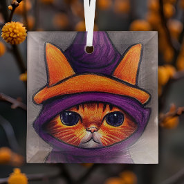 Adorno De Cristal Gato Naranja con Sombrero de Bruja Morado Hallowee