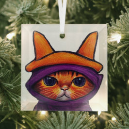 Adorno De Cristal Gato naranja con sombrero de bruja púrpura de Hall