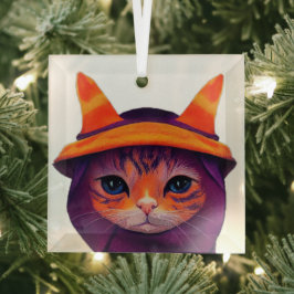 Adorno De Cristal Gato Naranja con Sombrero de Bruja Púrpura Hallowe