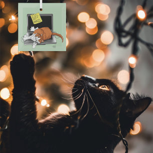 Adorno De Cristal Gato Naranja Divertido Portátil Verde Trabajo Casa