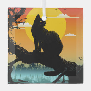 Adorno De Cristal Gato Y Árbol De Silhouette Abierto