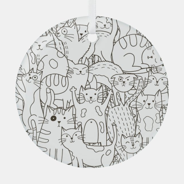 Adorno De Cristal Gatos Doodle: blanco y negro. (Anverso)