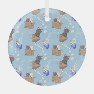 Adorno De Cristal Gatos en caja y gotas de leche en azul