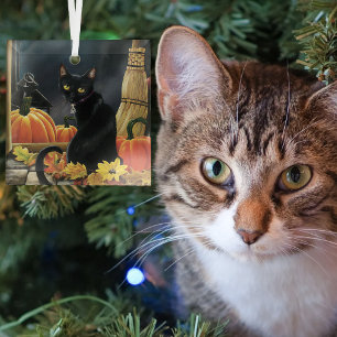 Adorno De Cristal Gatos Negros de Otoño Encantados por la Luna
