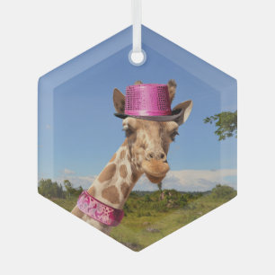 Adorno De Cristal Giraffe en gorra rosa brillante