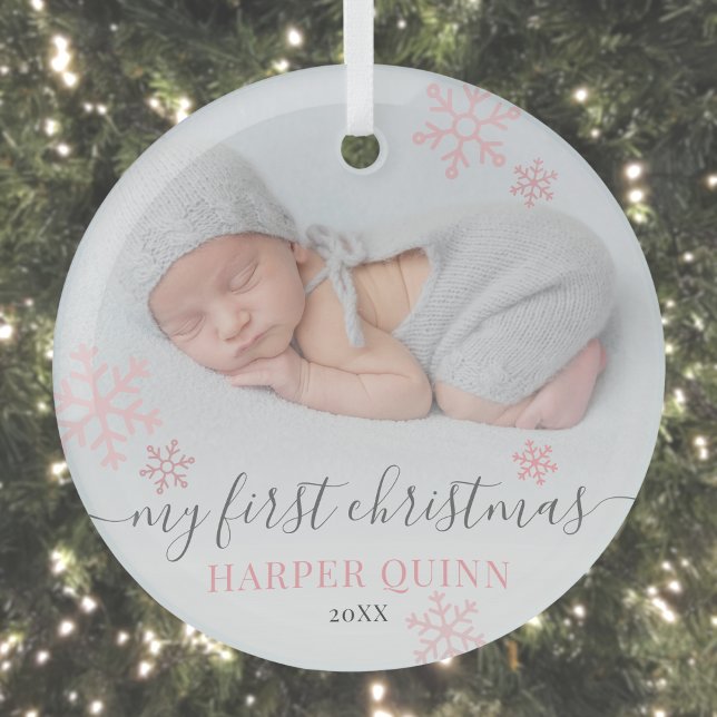 Adorno De Cristal Girl Baby First Christmas Photo (Girl Baby First Christmas Photo Glass Ornament)