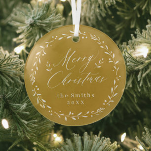 Adorno De Cristal Gold Modern script Merry Christmas Holiday Metal O