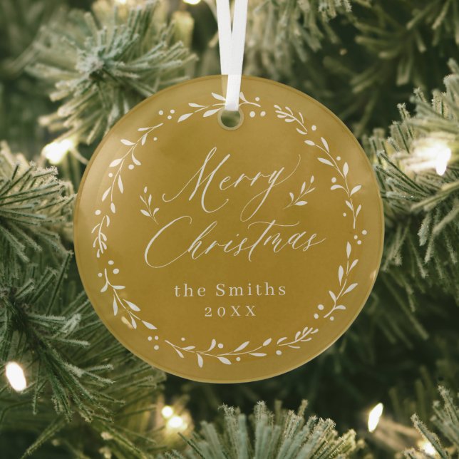 Adorno De Cristal Gold Modern script Merry Christmas Holiday Metal O (in situ)