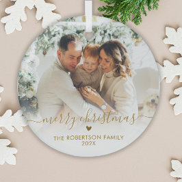 Adorno De Cristal Gold Script Elegant Family Photo Merry Christmas