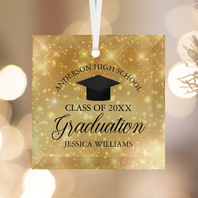 Adorno De Cristal Graduation Gold Sparkle Custom School Christmas (Subido por el creador)