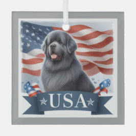 Adorno De Cristal Gray Patriotic Newfoundland Dog Square
