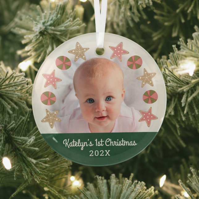 Adorno De Cristal Green 1er Navidades Baby Photo Chica Cookie Wreath (in situ)