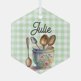 Adorno De Cristal "Green and White Checkered - Spoons in Cup