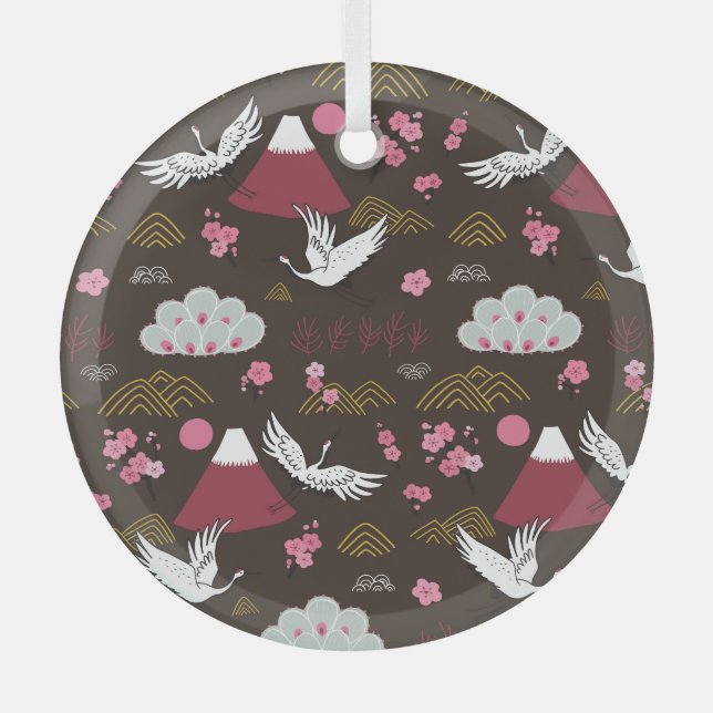 Adorno De Cristal Grullas Japonesas: Patrón tradicional sin foco (Anverso)