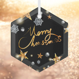 Adorno De Cristal Guay Metallic Gold Black Stars Merry Xmas Script