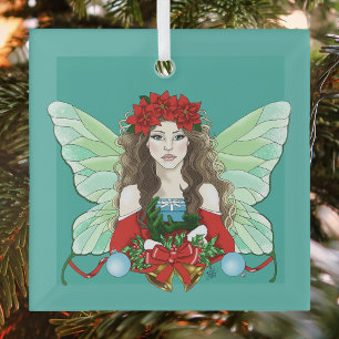 Adorno De Cristal Hada de Navidad Fantasía Acebo Campanas Poinsettia