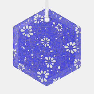 Adorno De Cristal Hermoso patrón de flores clásico azul blanco