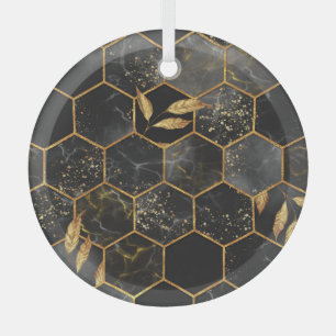 Adorno De Cristal Hexagón de Mármol, Textura de las hojas de oro.