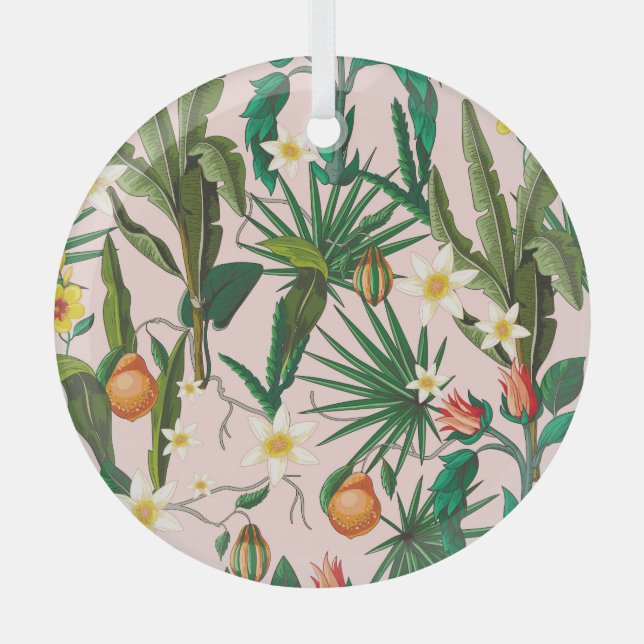 Adorno De Cristal Hoja tropical, flor, patrón de fruta. (Anverso)