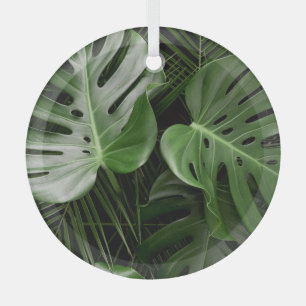 Adorno De Cristal Hojas de Monstera, diseño tropical de lujo.