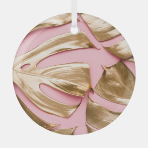 Adorno De Cristal Hojas de Monstera Dorada: Rosa Pastel.