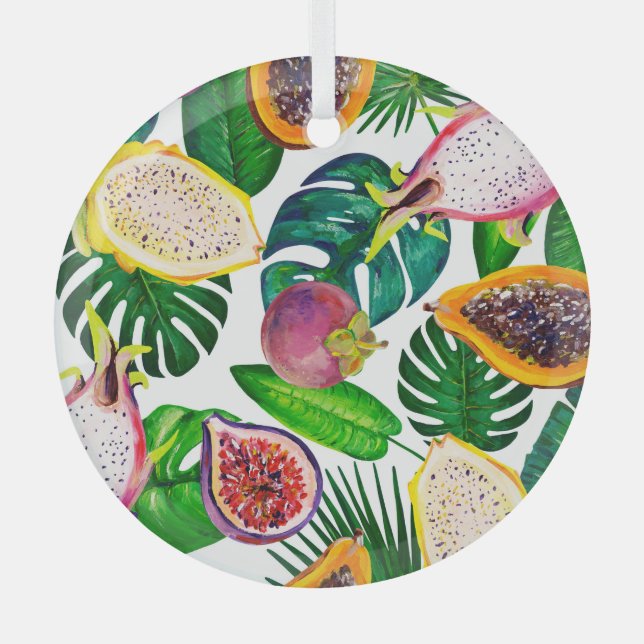 Adorno De Cristal Hojas tropicales, frutas, gouache sin costura. (Anverso)