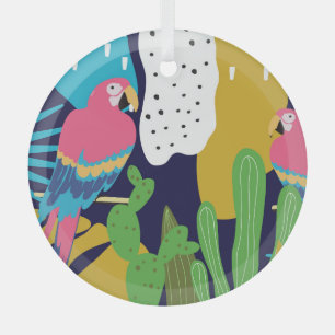 Adorno De Cristal Hojas tropicales, loros: fondo de verano.
