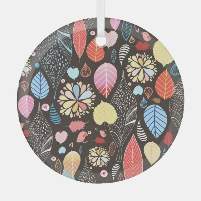 Adorno De Cristal Hojas y aves otoñales. (Anverso)