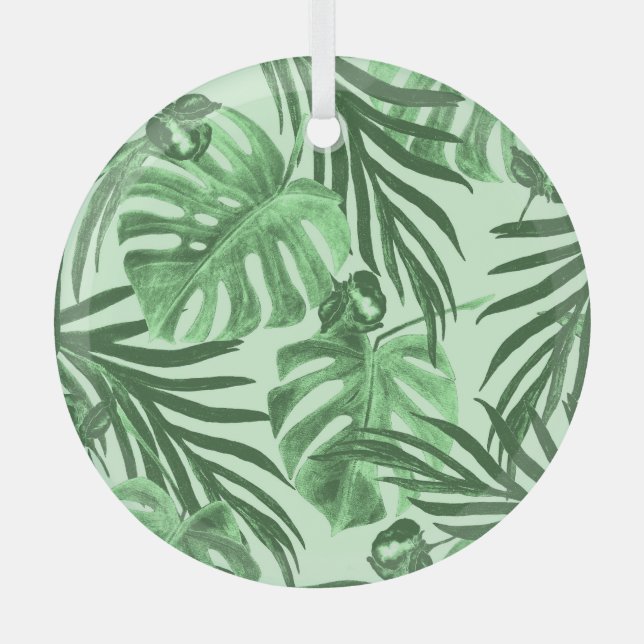 Adorno De Cristal Hojas y flores tropicales, patrón de acuarela. (Anverso)