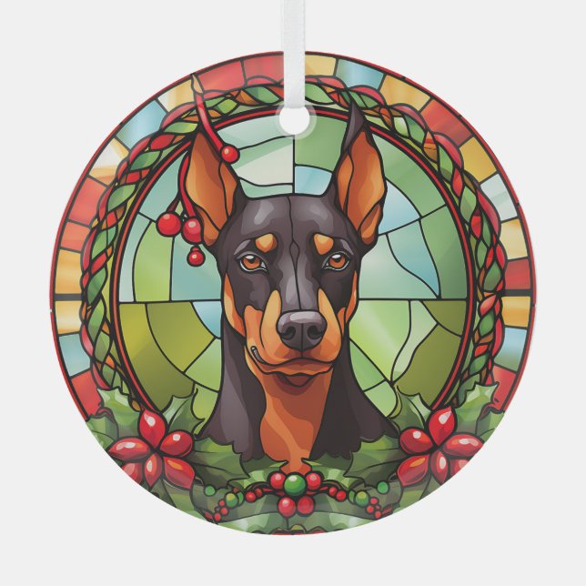 Adorno De Cristal Holly Frame Doberman Pinscher Dog Navidades (Anverso)