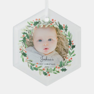 Adorno De Cristal Holly Navidades Wreath Photo Baby First Christmas