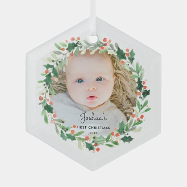 Adorno De Cristal Holly Navidades Wreath Photo Baby First Christmas (Anverso)