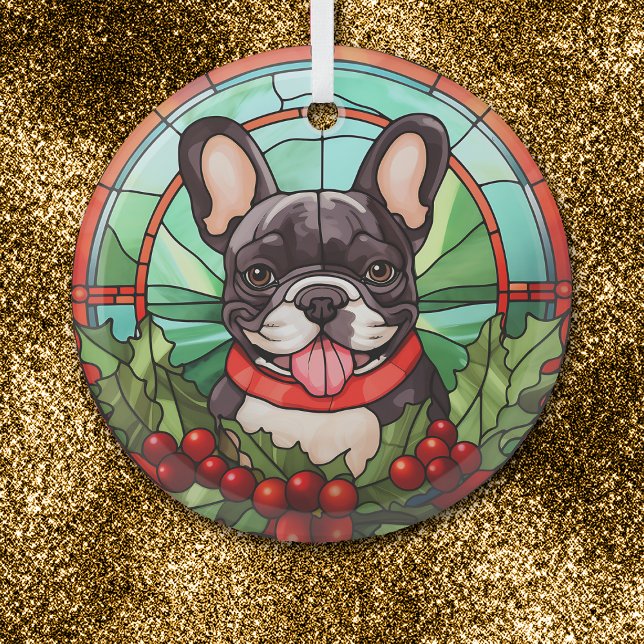 Adorno De Cristal Holly Wreath Bulldog francés blanco negro (Subido por el creador)