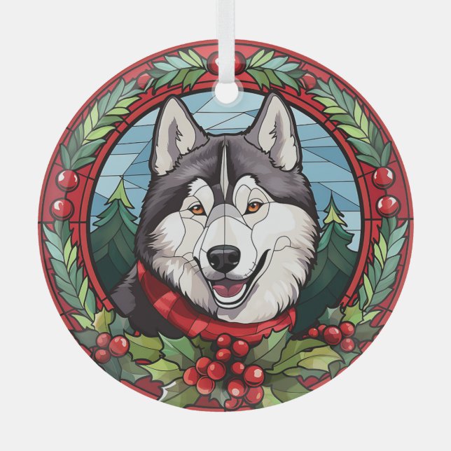 Adorno De Cristal Holly Wreath Siberian Husky Dog Navidades (Anverso)